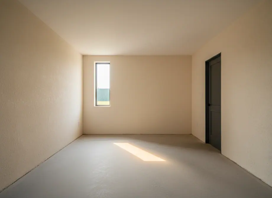 An empty room before conversion: bare plastered walls, a concrete floor, one high window and a flat ceiling.