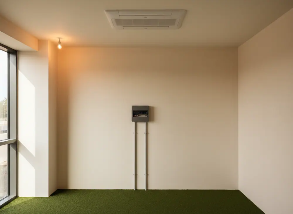 Building services in a converted room: a flush ceiling air-conditioning cassette and a small wall-mounted consumer unit with conduit running to it.