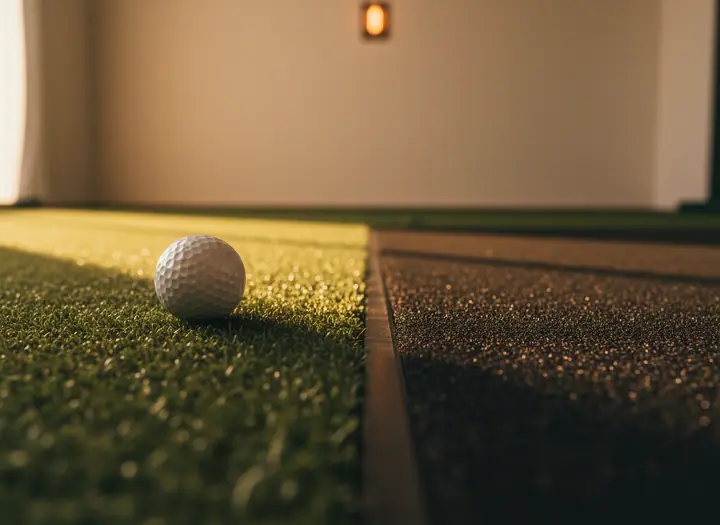 Close detail of the bay floor: short artificial turf meeting a denser hitting surface, with a single white golf ball at rest.
